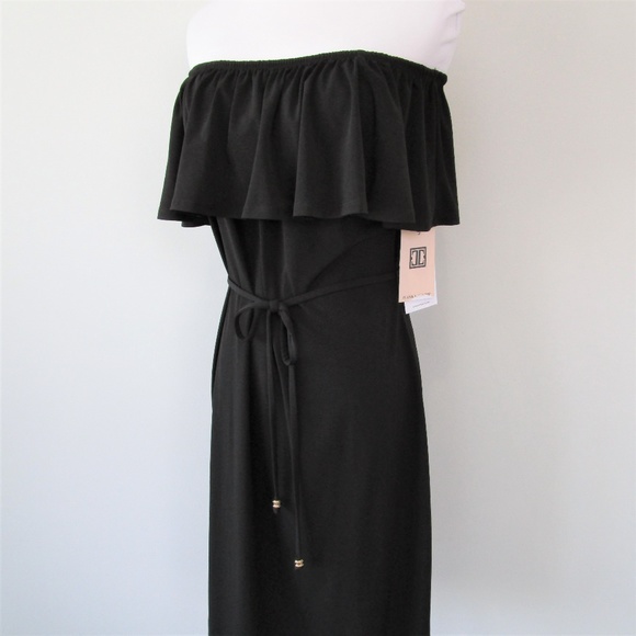 NWT Black Off Shoulder Ruffle Popover Midi Dress - Picture 3 of 8